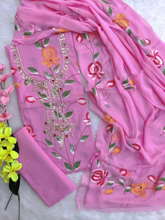 FLORAL PRINTED COTTON GOTA PATTI SUIT WITH CHIFFON DUPATTA