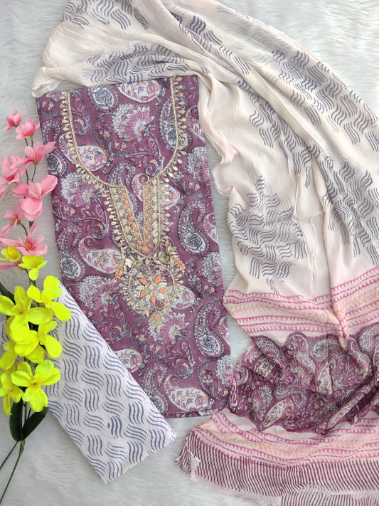 FLORAL PRINTED COTTON GOTA PATTI SUIT WITH CHIFFON DUPATTA