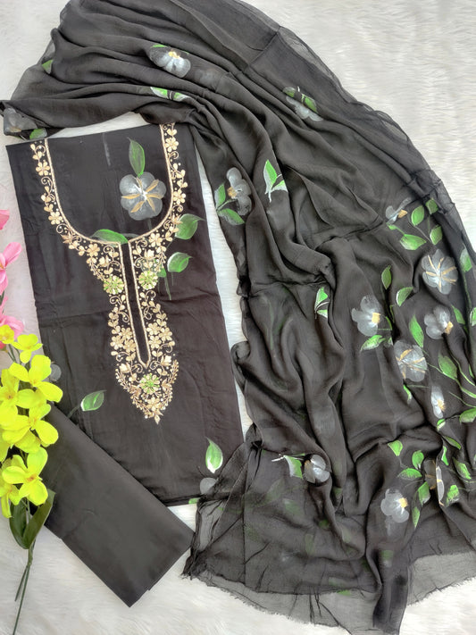 FLORAL PRINTED COTTON GOTA PATTI SUIT WITH CHIFFON DUPATTA