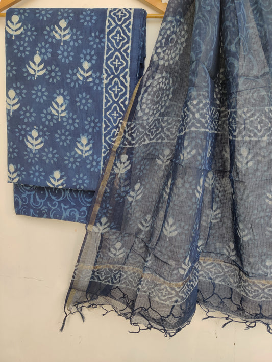 (INDIGO) Hand Block Printed Cotton Suit with Cotton Kota Doria dupatta