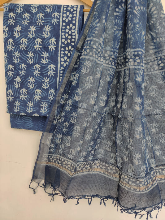 (INDIGO) Hand Block Printed Cotton Suit with Cotton Kota Doria dupatta