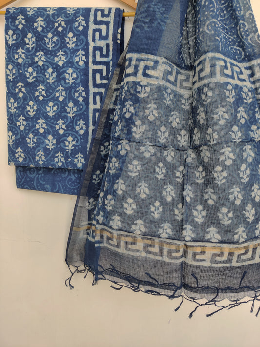 (INDIGO) Hand Block Printed Cotton Suit with Cotton Kota Doria dupatta