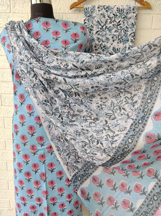 Hand Block Printed Unstitched Cotton Suit with Mulmul Dupatta