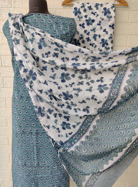 Hand Block Printed Unstitched Cotton Suit with Mulmul Dupatta