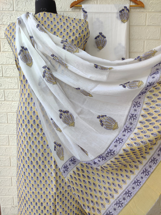 Hand Block Printed Unstitched Cotton Suit with Mulmul Dupatta