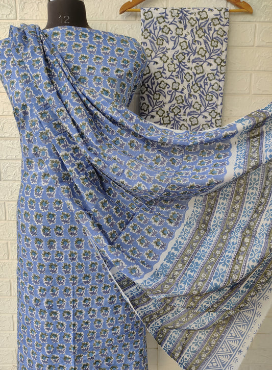 Hand Block Printed Unstitched Cotton Suit with Mulmul Dupatta