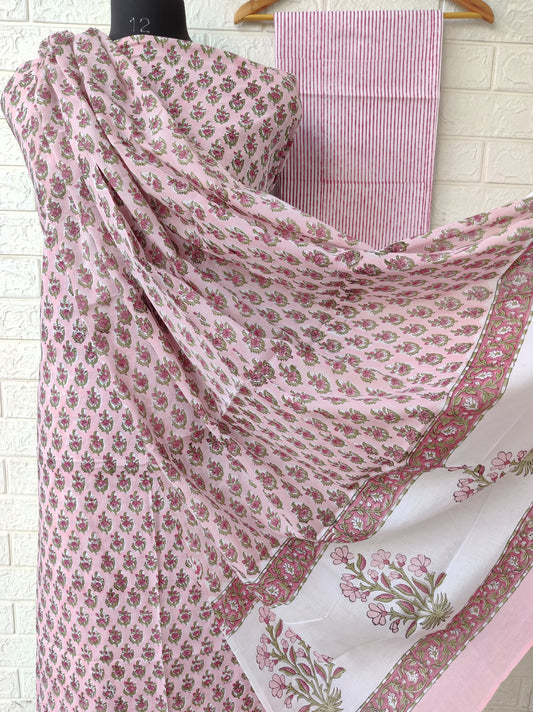 Hand Block Printed Unstitched Cotton Suit with Mulmul Dupatta