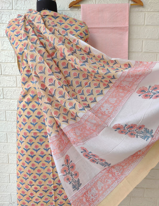 Hand Block Printed Unstitched Cotton Suit with Mulmul Dupatta