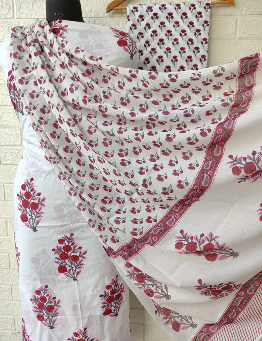 Hand Block Printed Unstitched Cotton Suit with Mulmul Dupatta