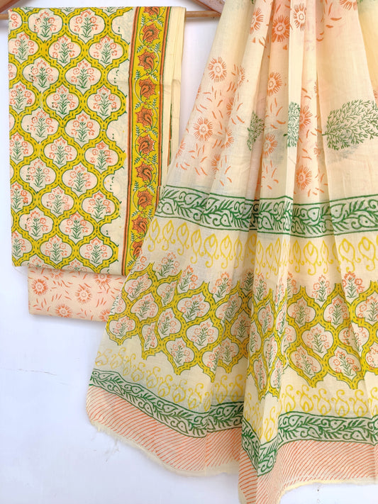 Hand Block Printed Unstitched Cotton Suit with Mulmul Dupatta