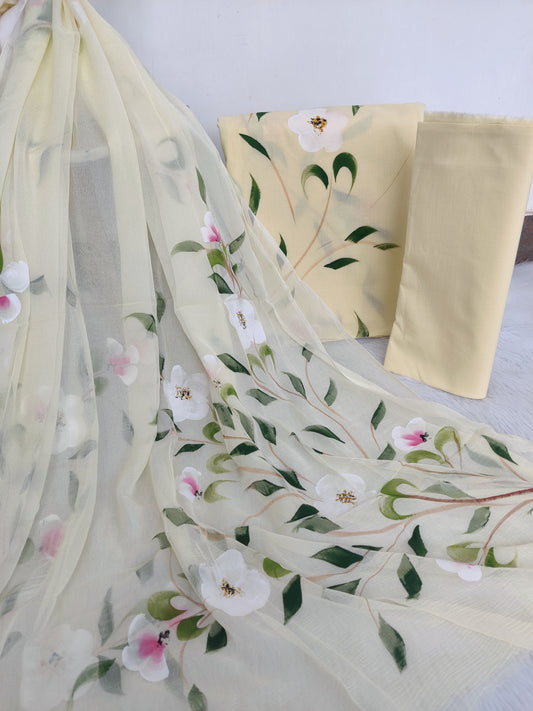 HAND PAINTED COTTON SUIT WITH PURE CHIFFON DUPATTA
