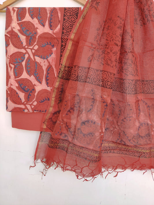 (VANASPATI) Block Printed Cotton Suit with Cotton Kota Doria dupattaa