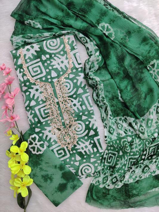 FLORAL PRINTED COTTON GOTA PATTI SUIT WITH CHIFFON DUPATTA