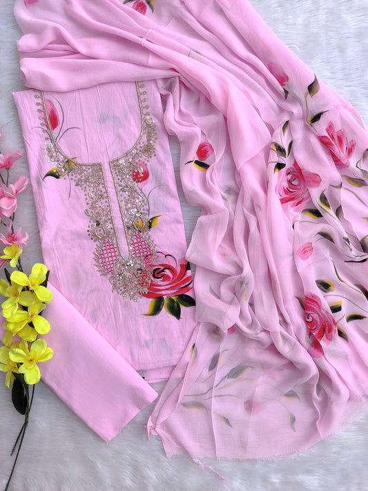 FLORAL PRINTED COTTON GOTA PATTI SUIT WITH CHIFFON DUPATTA