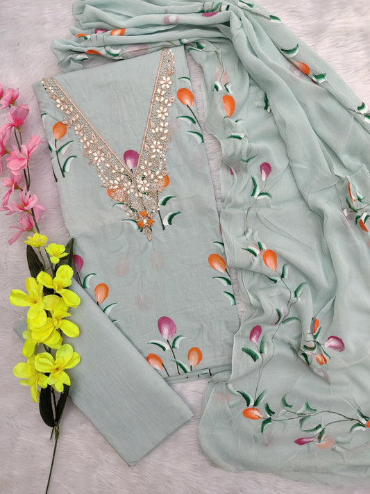 FLORAL PRINTED COTTON GOTA PATTI SUIT WITH CHIFFON DUPATTA