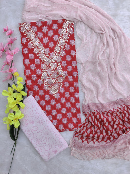 FLORAL PRINTED COTTON GOTA PATTI SUIT WITH CHIFFON DUPATTA