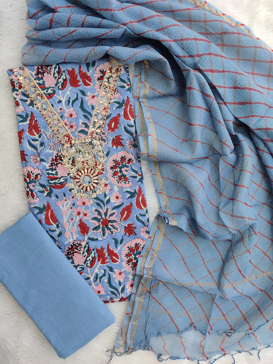 JAIPURI PRINTED GOTA PATTI NECK WORK SUITS WITH LEHRIYA KOTA DORIA DUPATTA