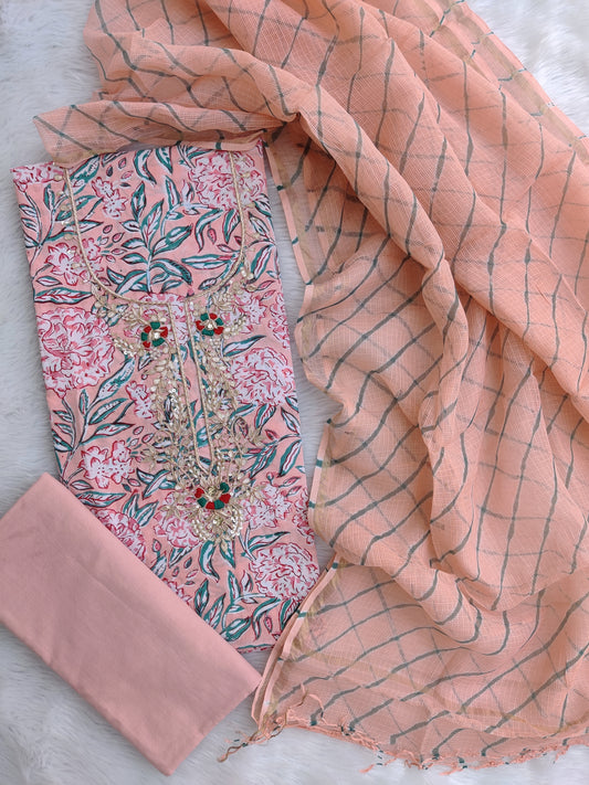 JAIPURI PRINTED GOTA PATTI NECK WORK SUITS WITH LEHRIYA KOTA DORIA DUPATTA