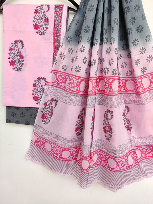 Block Printed Cotton Suit with Mulmul dupatta
