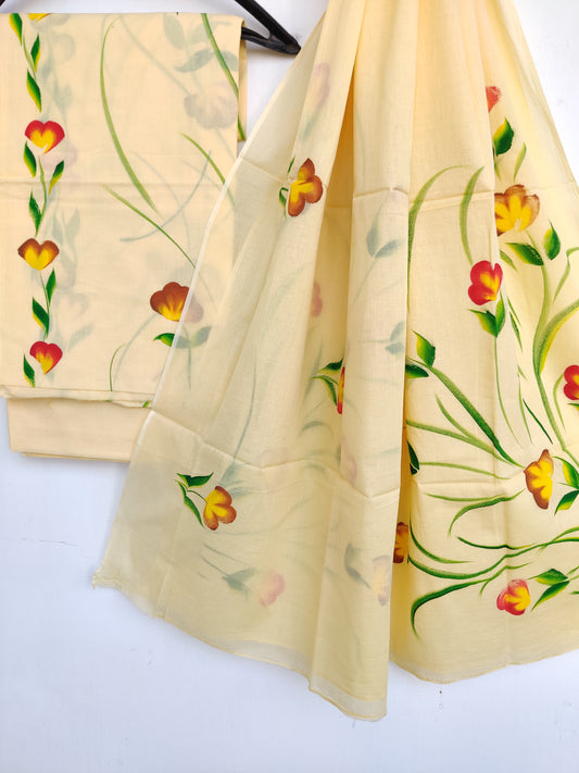 Hand Painted Cotton Suit with Mulmul dupatta