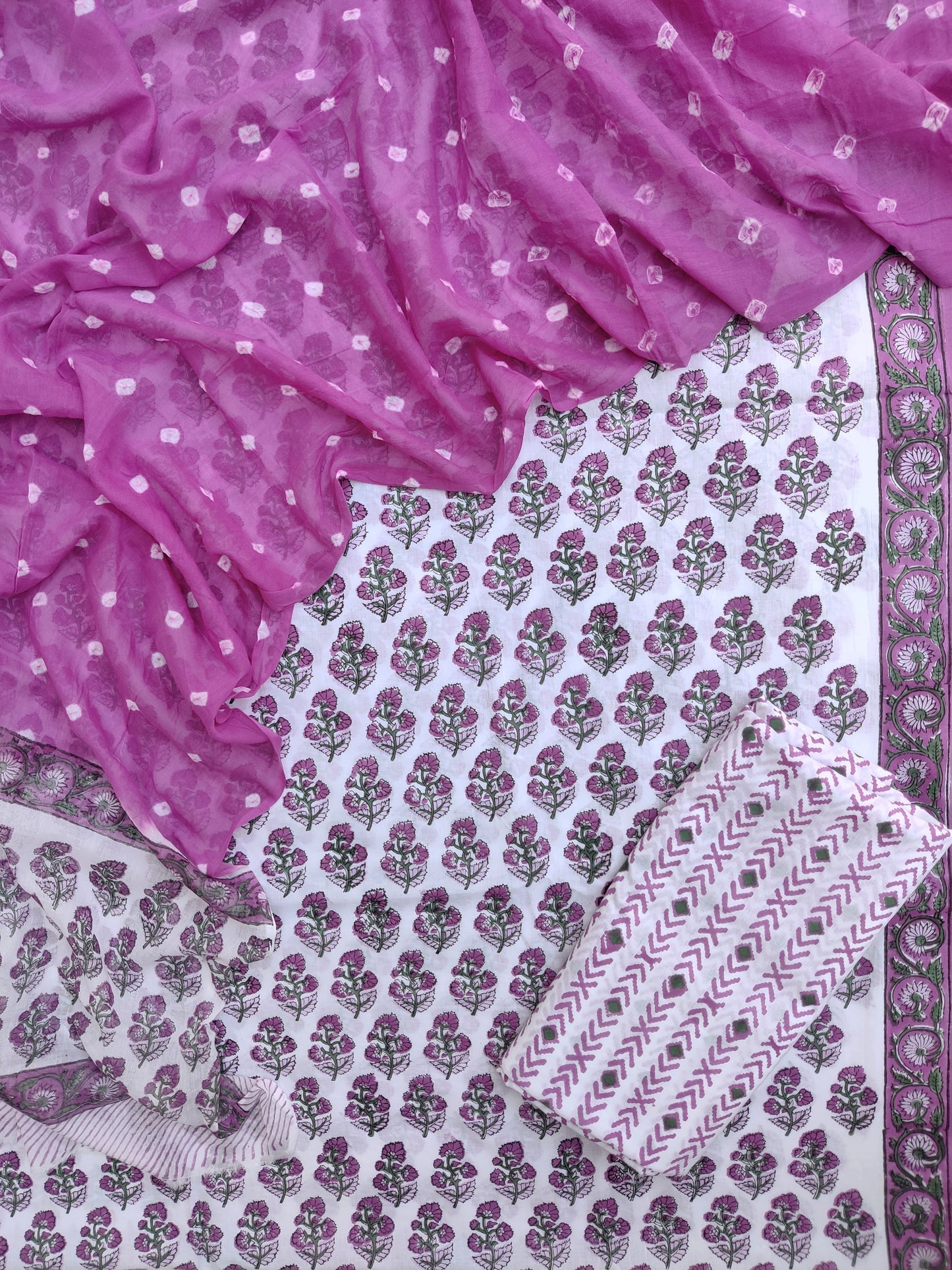 Hand Block Printed Cotton Suits with Mulmul Bandhej Dupatta