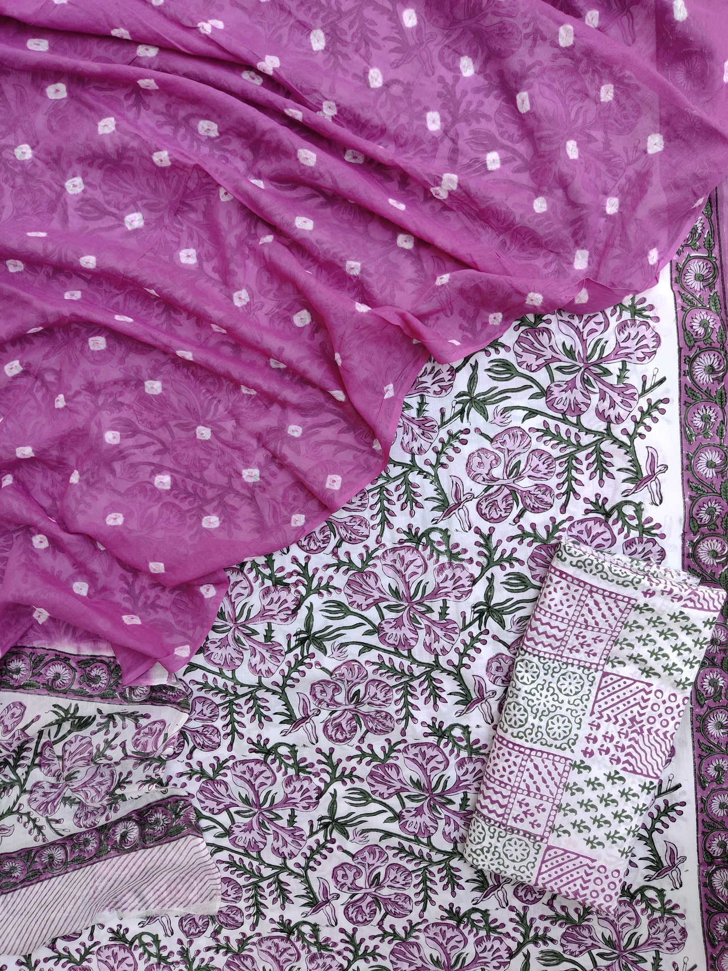 Hand Block Printed Cotton Suits with Mulmul Bandhej Dupatta