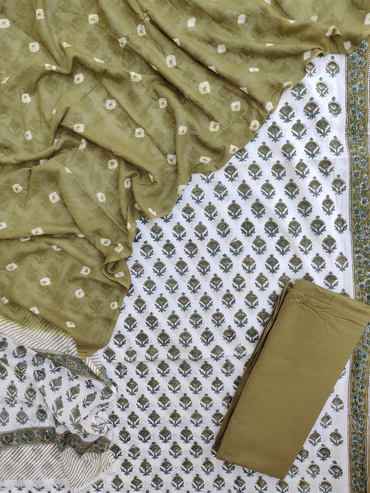 Hand Block Printed Cotton Suits with Mulmul Bandhej Dupatta