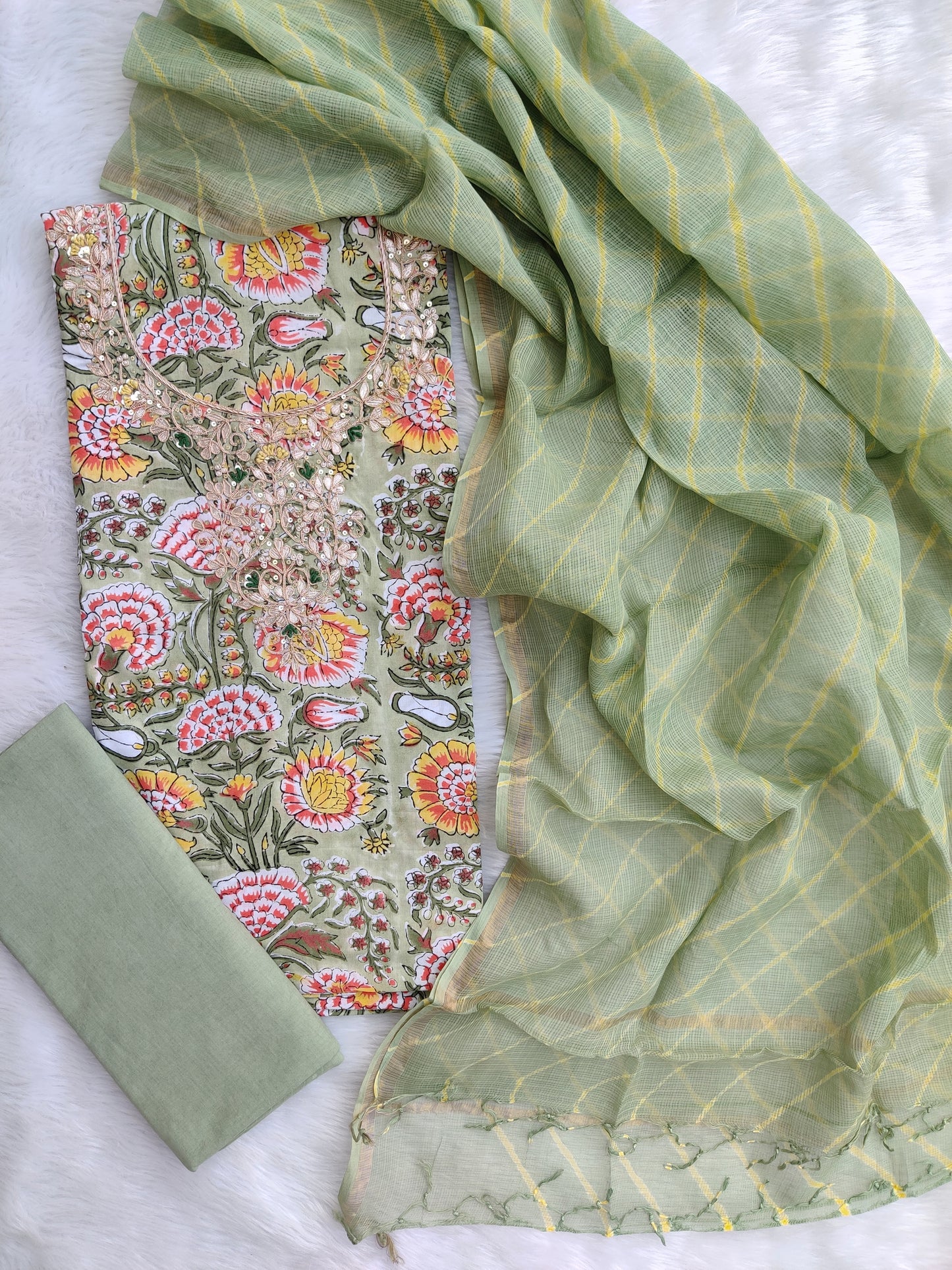 JAIPURI PRINTED GOTA PATTI NECK WORK SUITS WITH LEHRIYA KOTA DORIA DUPATTA