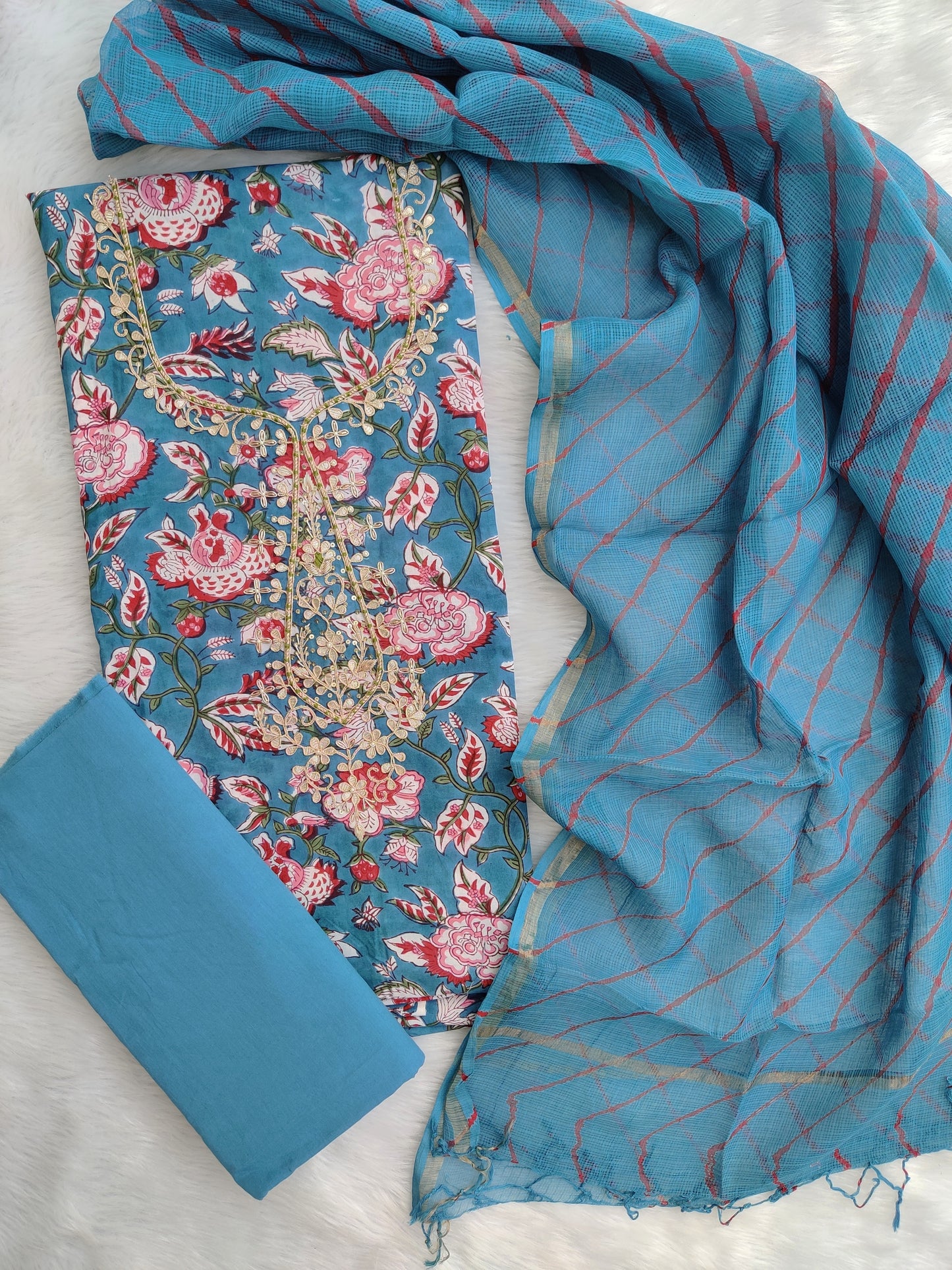 JAIPURI PRINTED GOTA PATTI NECK WORK SUITS WITH LEHRIYA KOTA DORIA DUPATTA