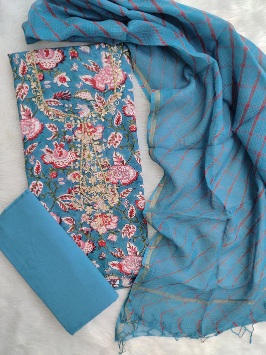 JAIPURI PRINTED GOTA PATTI NECK WORK SUITS WITH LEHRIYA KOTA DORIA DUPATTA