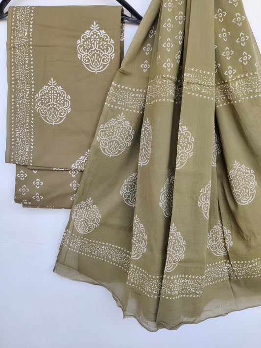 Hand Block Printed Cotton Suit With Mulmul Cotton Dupatta