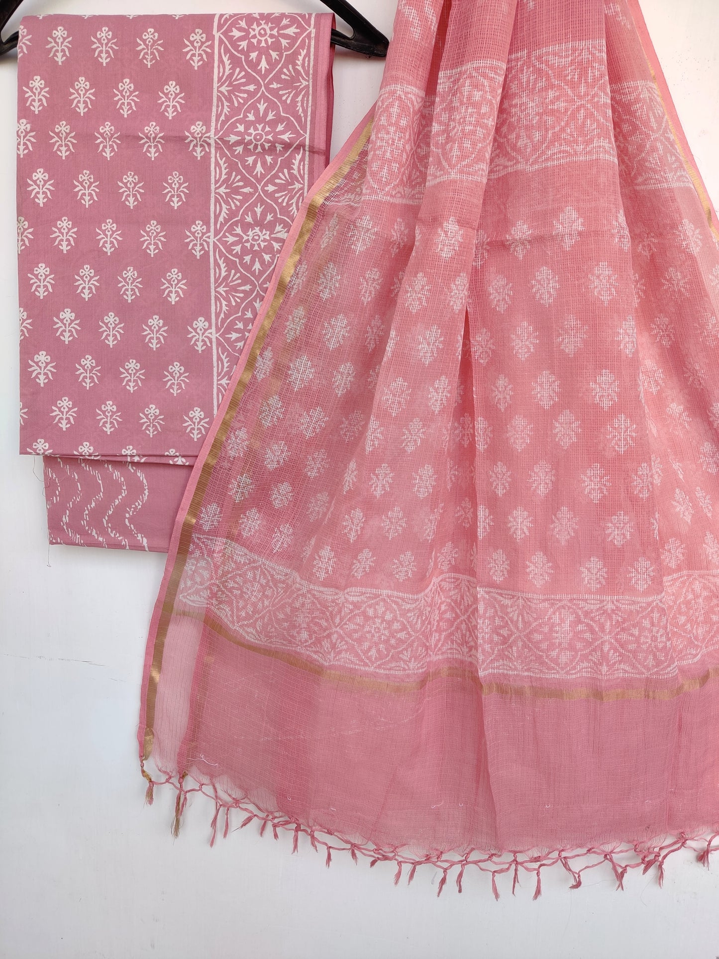 Hand Block Printed Cotton Suit with Cotton Kota Doria dupatta
