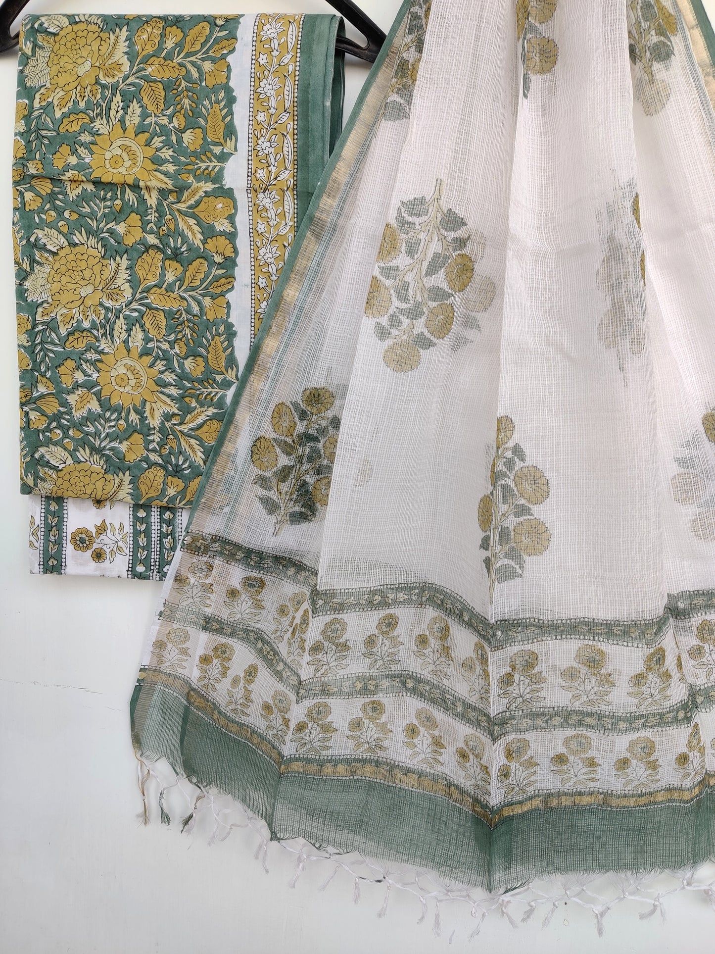 Hand Block Printed Cotton Suit with Cotton Kota Doria dupatta