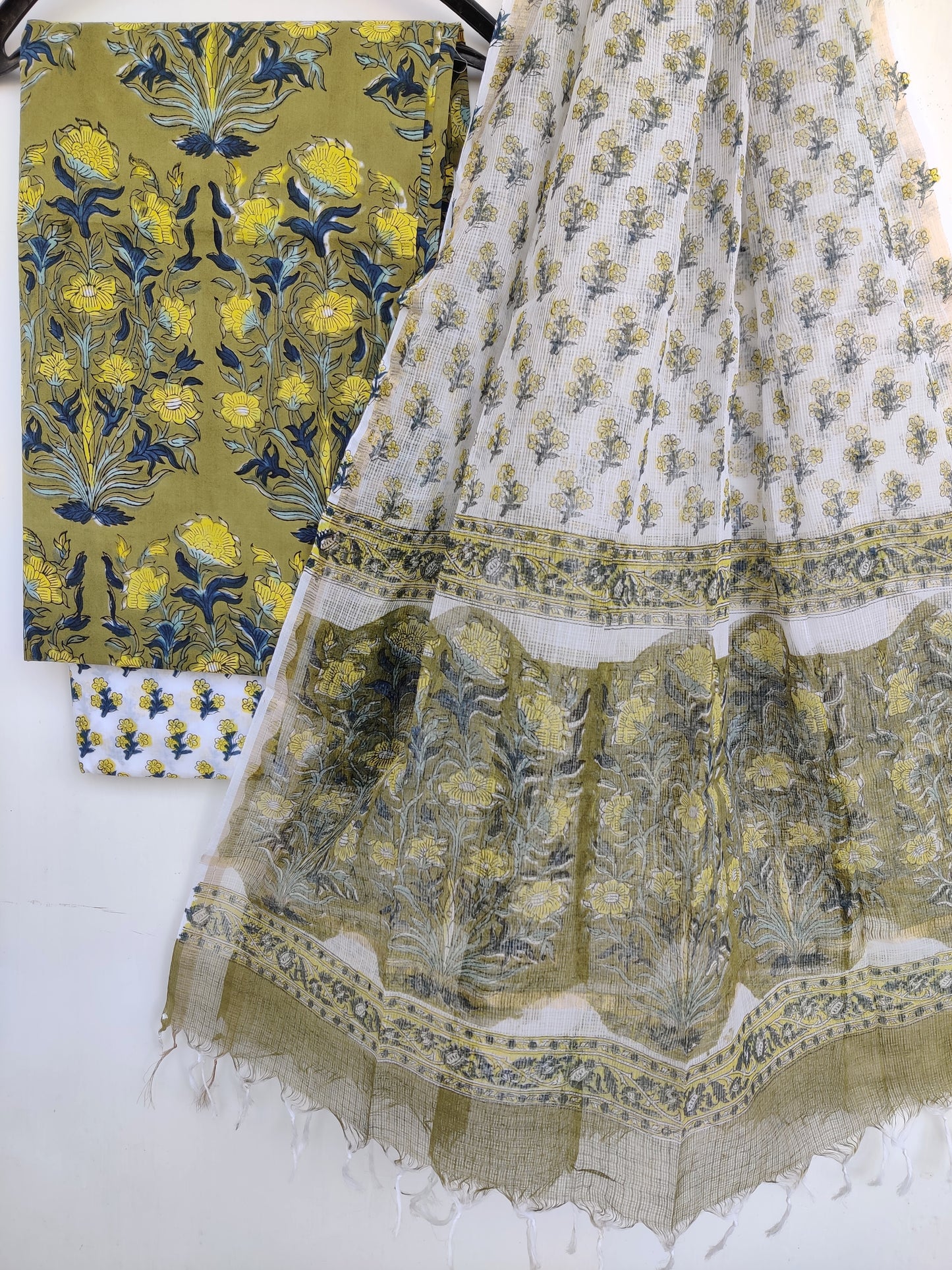 Hand Block Printed Cotton Suit with Cotton Kota Doria dupatta