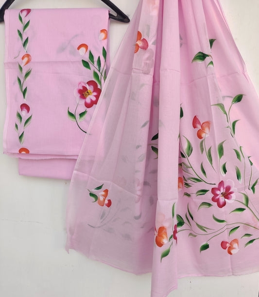 Hand Painted Cotton Suit with Mulmul dupatta