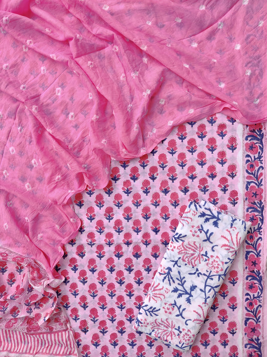 Hand Block Printed Cotton Suits with Mulmul Bandhej Dupatta