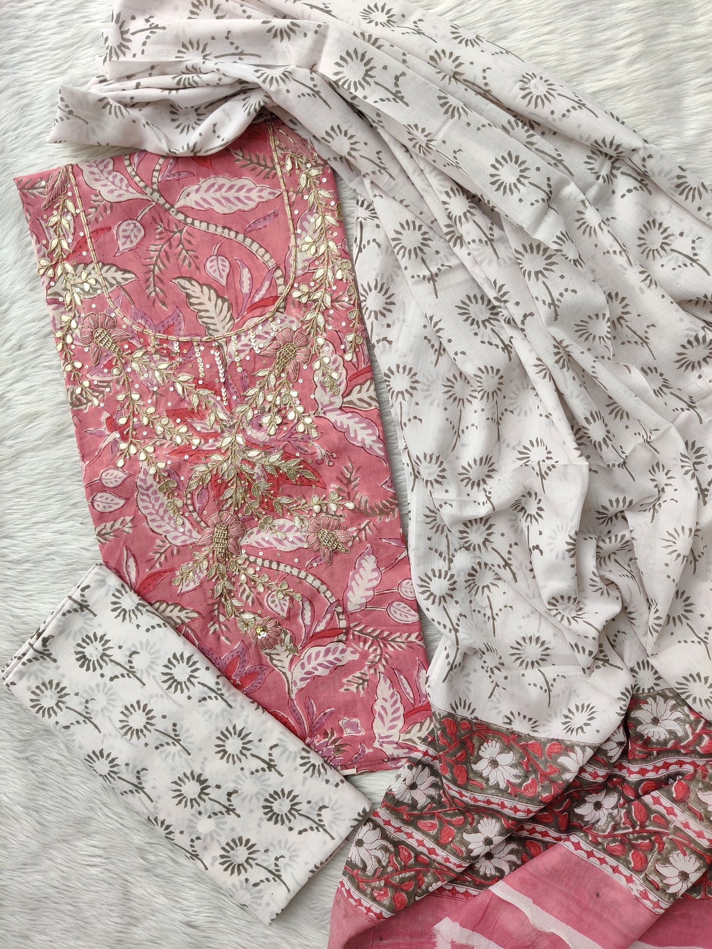 FLORAL PRINTED COTTON GOTA PATTI SUIT WITH COTTON DUPATTA
