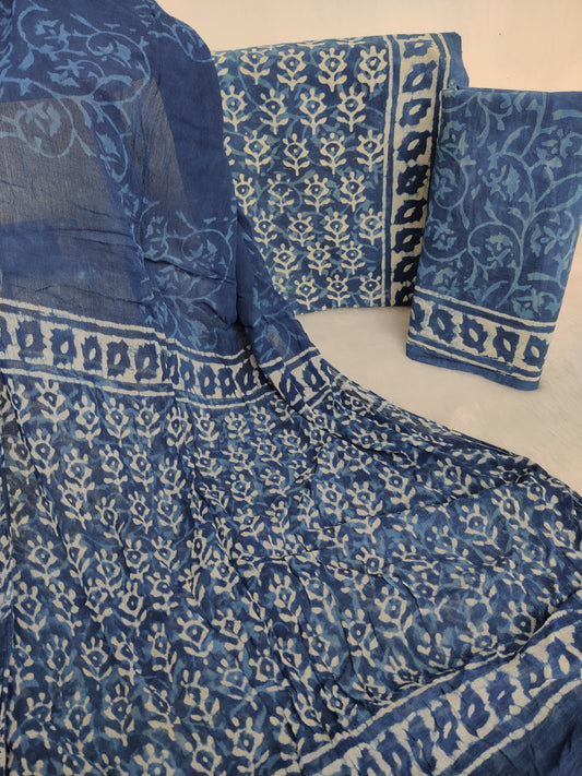 (INDIGO) HAND BLOCK PRINTED COTTON SUIT WITH PURE CHIFFON DUPATTA
