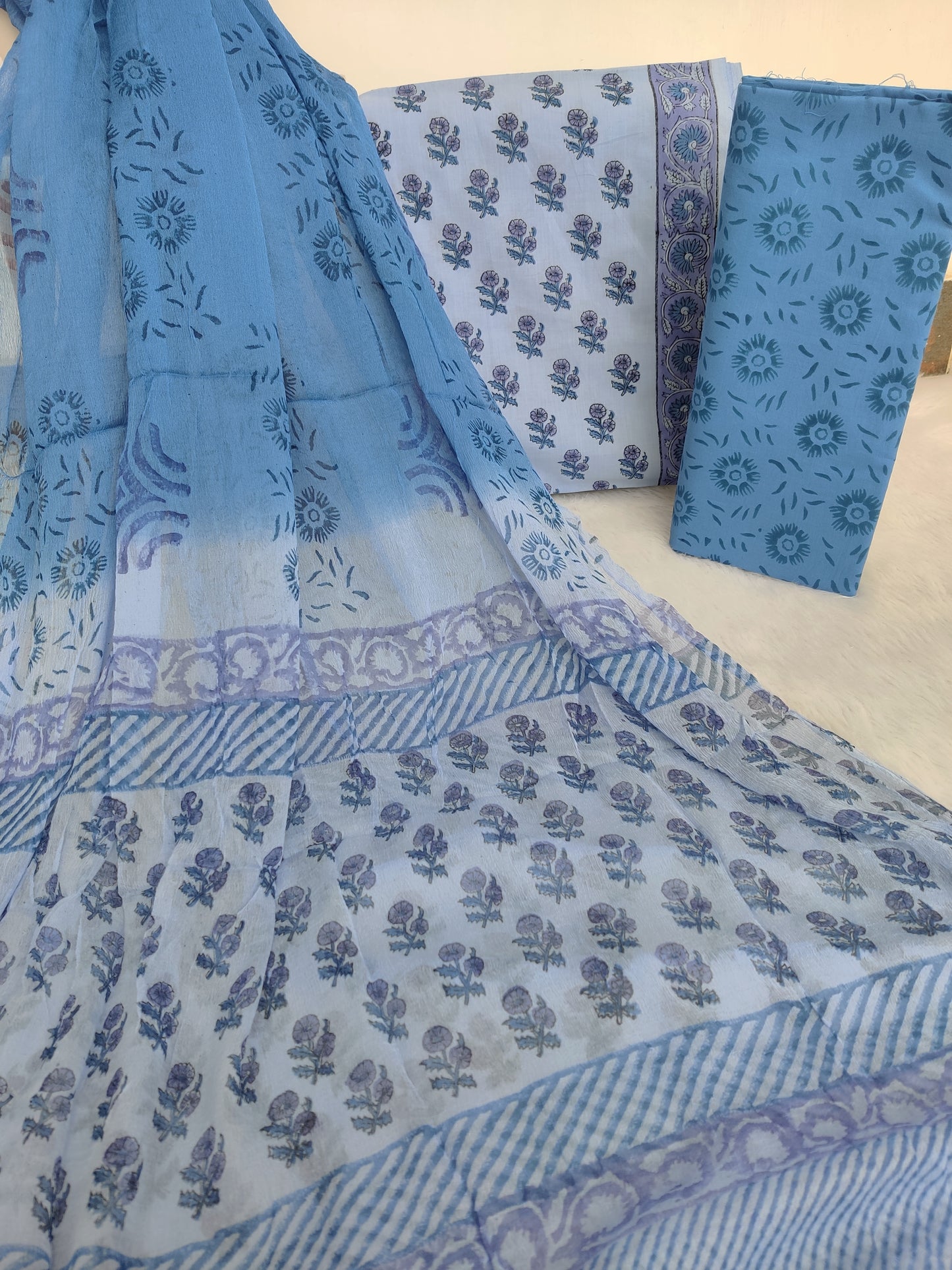 HAND BLOCK PRINTED COTTON SUIT WITH PURE CHIFFON DUPATTA