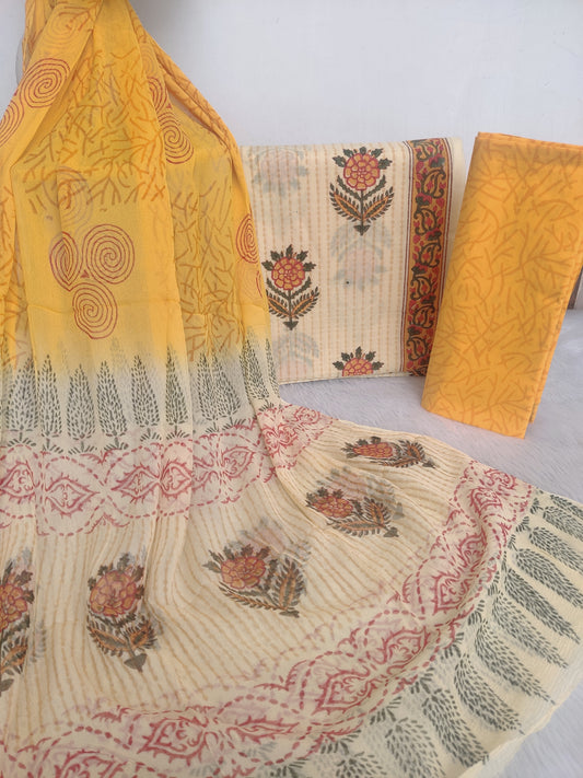 HAND BLOCK PRINTED COTTON SUIT WITH PURE CHIFFON DUPATTA