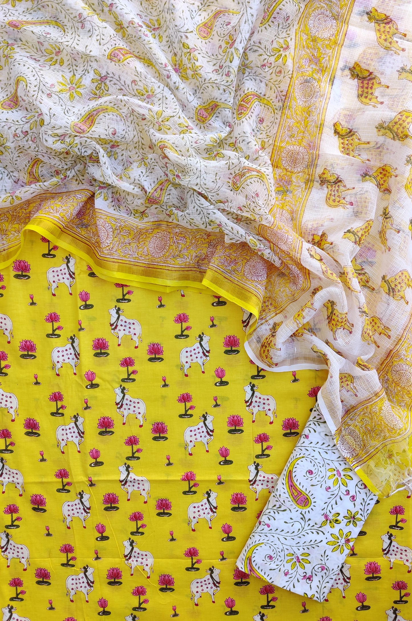 (PICHWAI) Printed Cotton Suit with Cotton Kota Doria dupatta