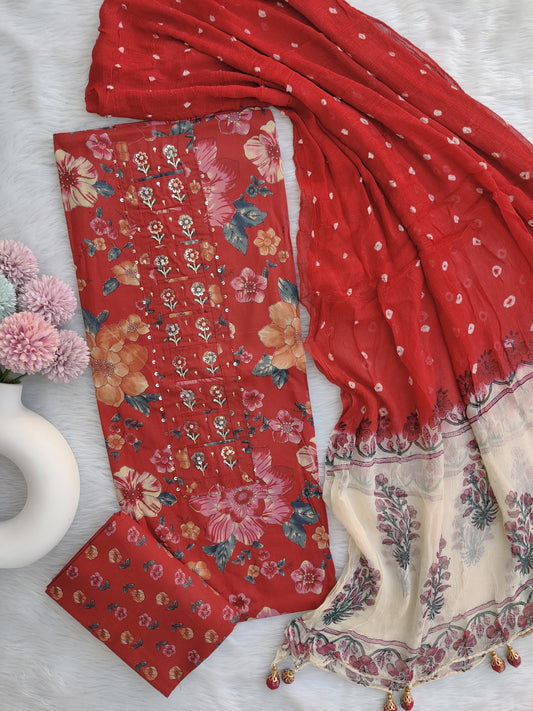 NEW LAUNCH ELEGANT COTTON PRINTED NECK WORK SUIT SET WITH CHIFFON DUPATTA