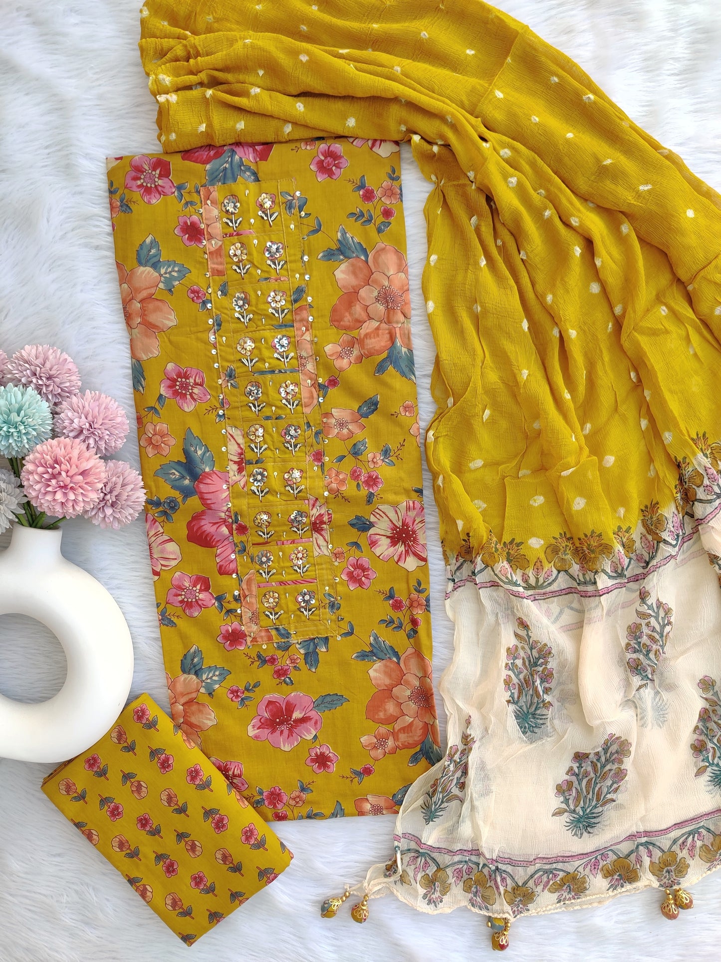 NEW LAUNCH ELEGANT COTTON PRINTED NECK WORK SUIT SET WITH CHIFFON DUPATTA