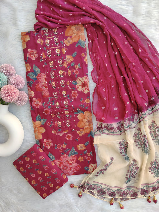 NEW LAUNCH ELEGANT COTTON PRINTED NECK WORK SUIT SET WITH CHIFFON DUPATTA