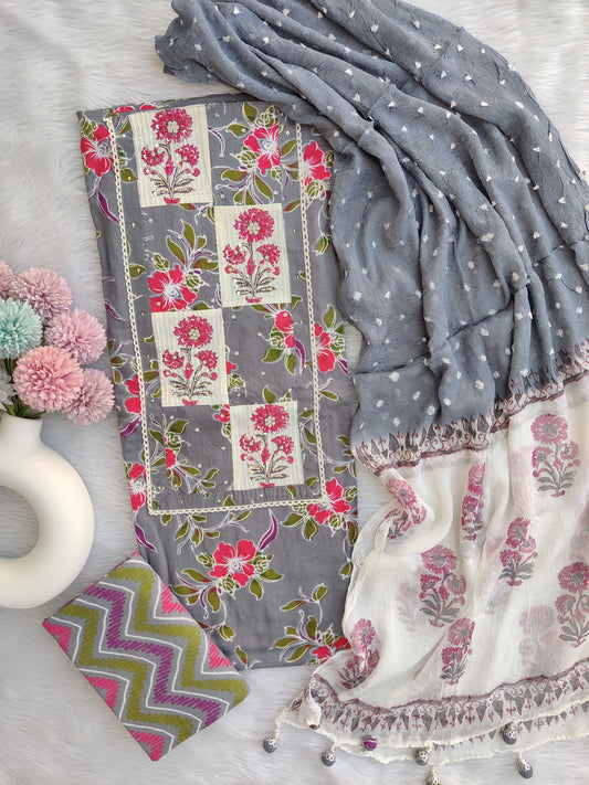 NEW LAUNCH ELEGANT COTTON PRINTED NECK WORK SUIT SET WITH CHIFFON DUPATTA