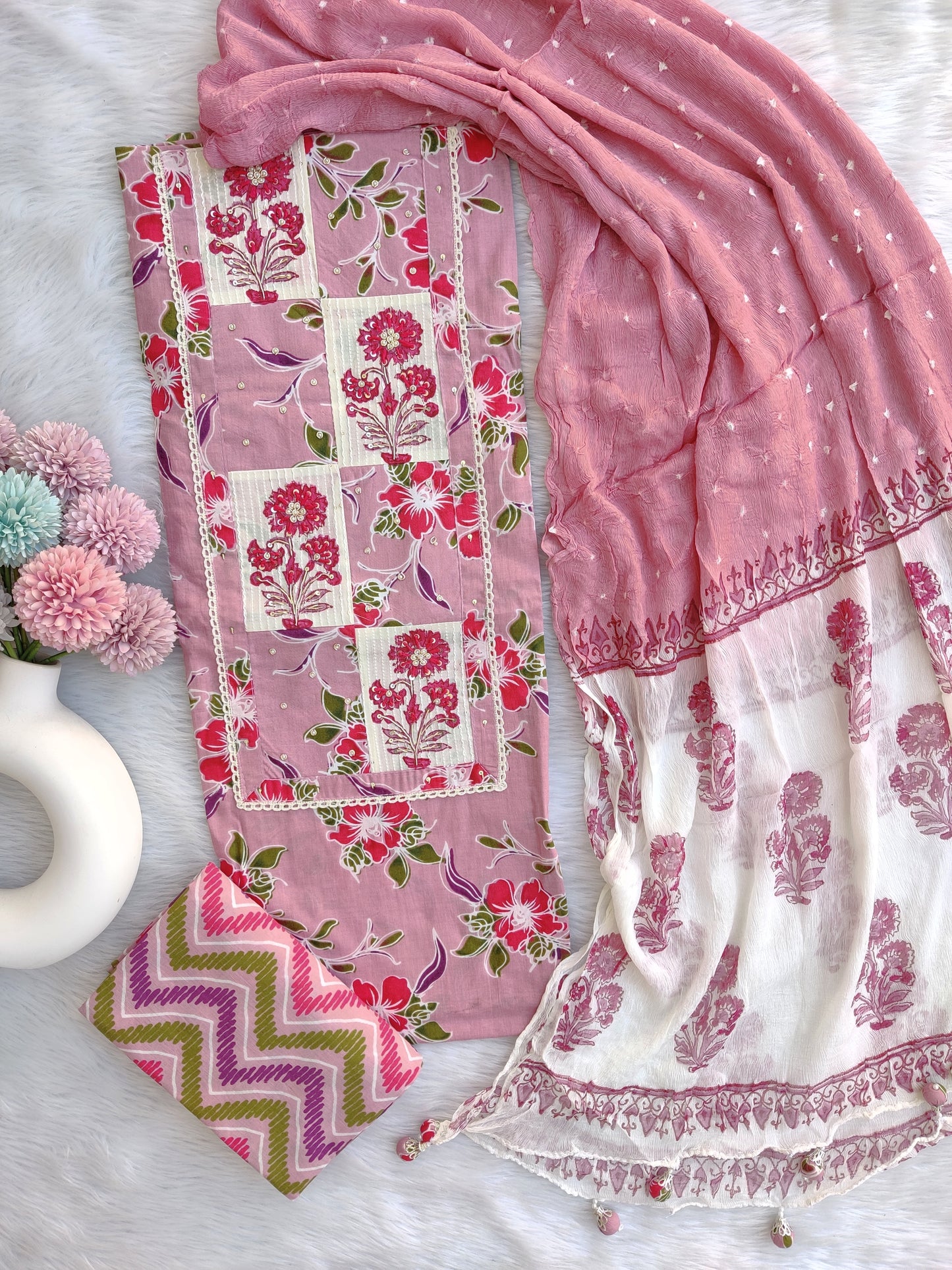 NEW LAUNCH ELEGANT COTTON PRINTED NECK WORK SUIT SET WITH CHIFFON DUPATTA