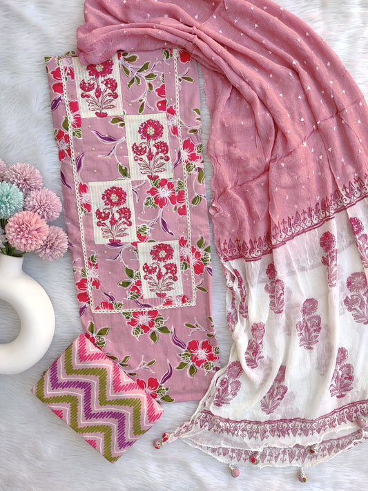 NEW LAUNCH ELEGANT COTTON PRINTED NECK WORK SUIT SET WITH CHIFFON DUPATTA