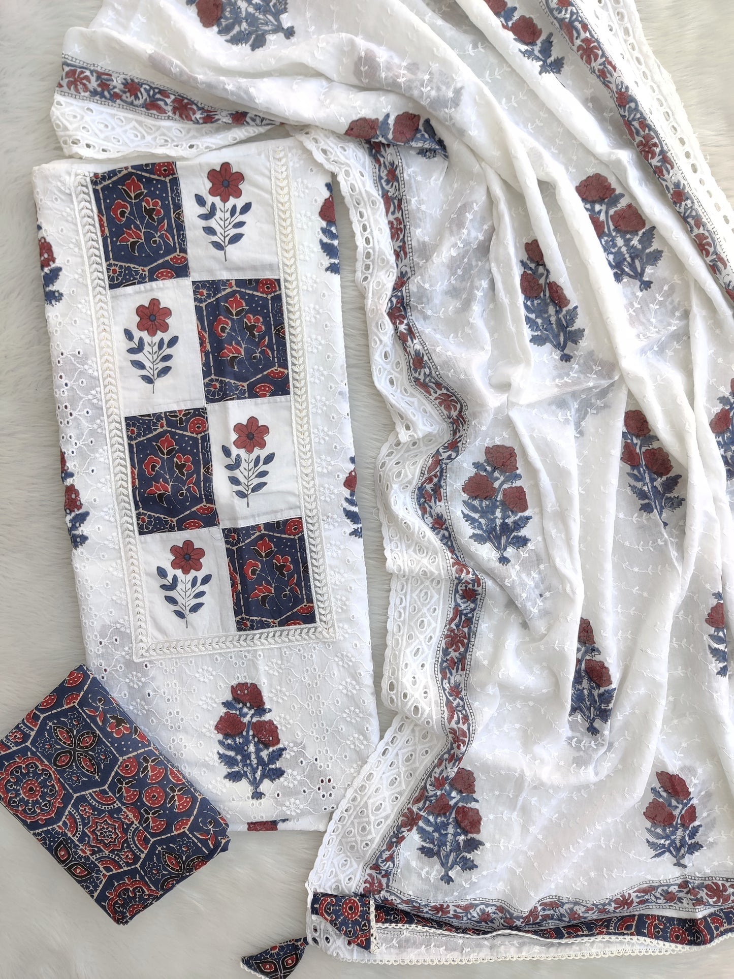 ELEGANT COTTON SCHIFFLI HAKUBA EMBROIDERY MUGHAL BUTA NECK WORK SUIT SET WITH KOTA DORIA DUPATTA