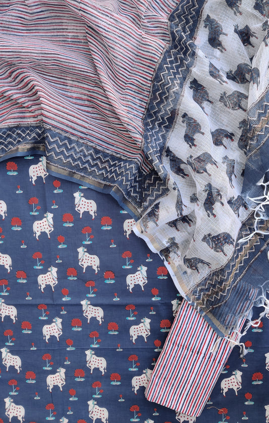 (PICHWAI) Printed Cotton Suit with Cotton Kota Doria dupatta