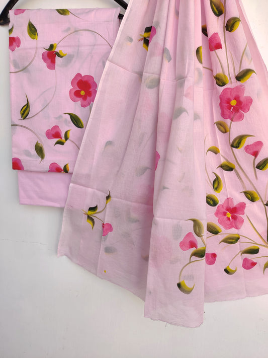 Hand Painted Cotton Suit With Mulmul Cotton Dupatta